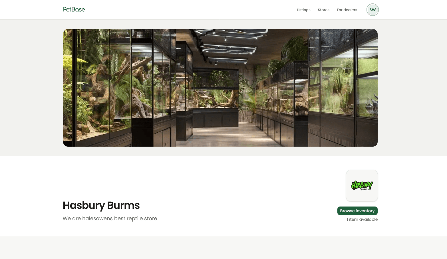 Public storefront showing animal listings